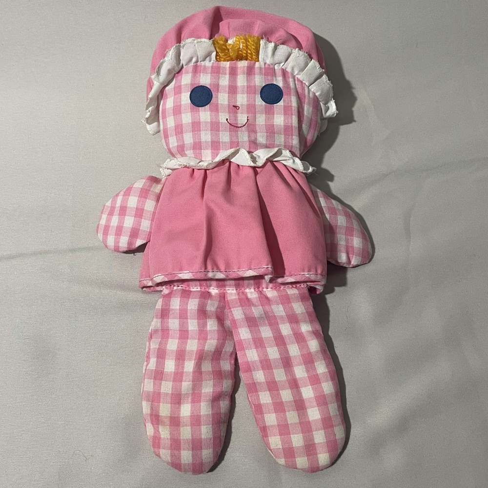 VINTAGE 1975 Fisher Price Lolly Dolly Pink Gingham Rattle Baby Doll Plush 420